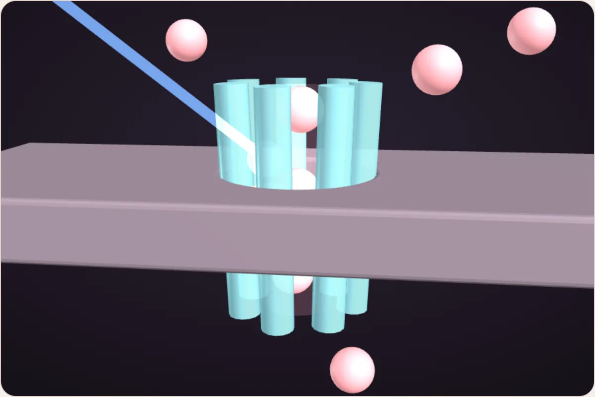 3D channelrhodopsin: a beam of blue light hits a teal gate set in the cell’s skin, and pink sodium particles pass through it into the cell