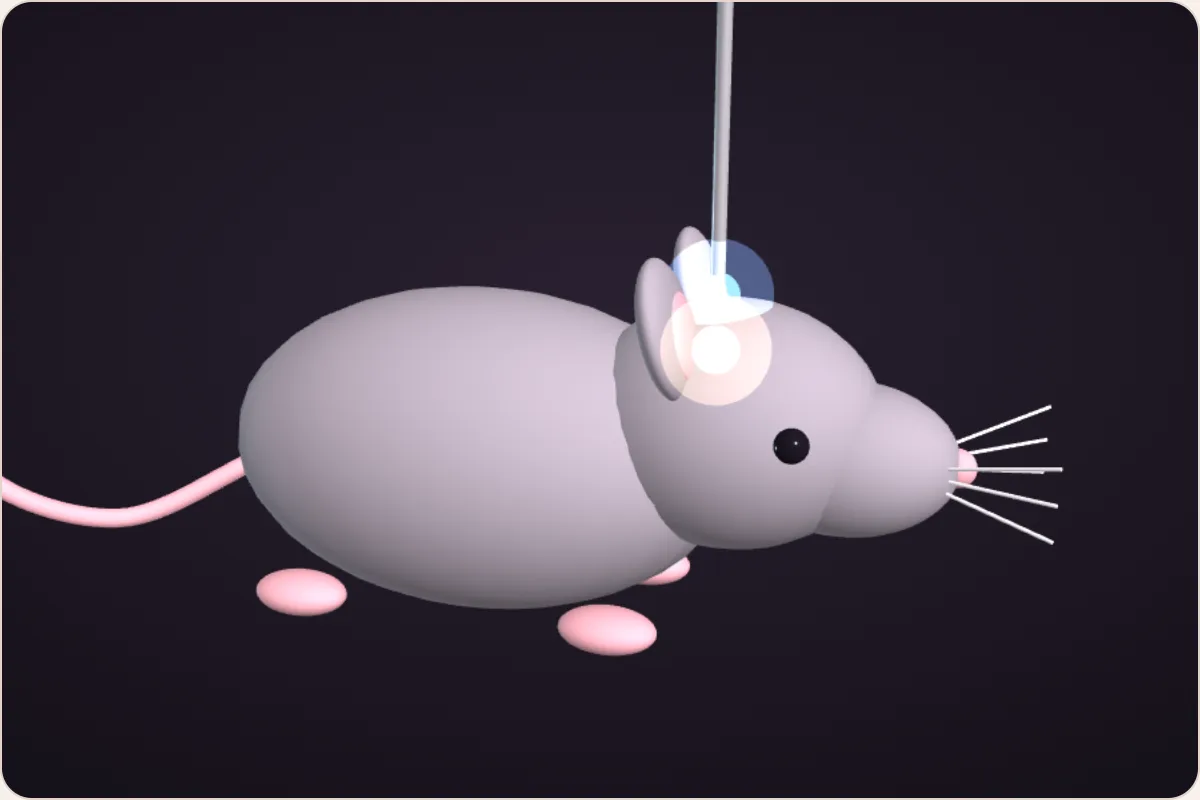 A 3D mouse with a hair-thin glass fibre glowing blue into its head, where a small group of cells lights up