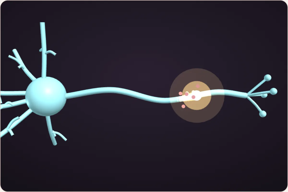 A 3D nerve cell firing: a bright electric spark races along its long wire, the axon