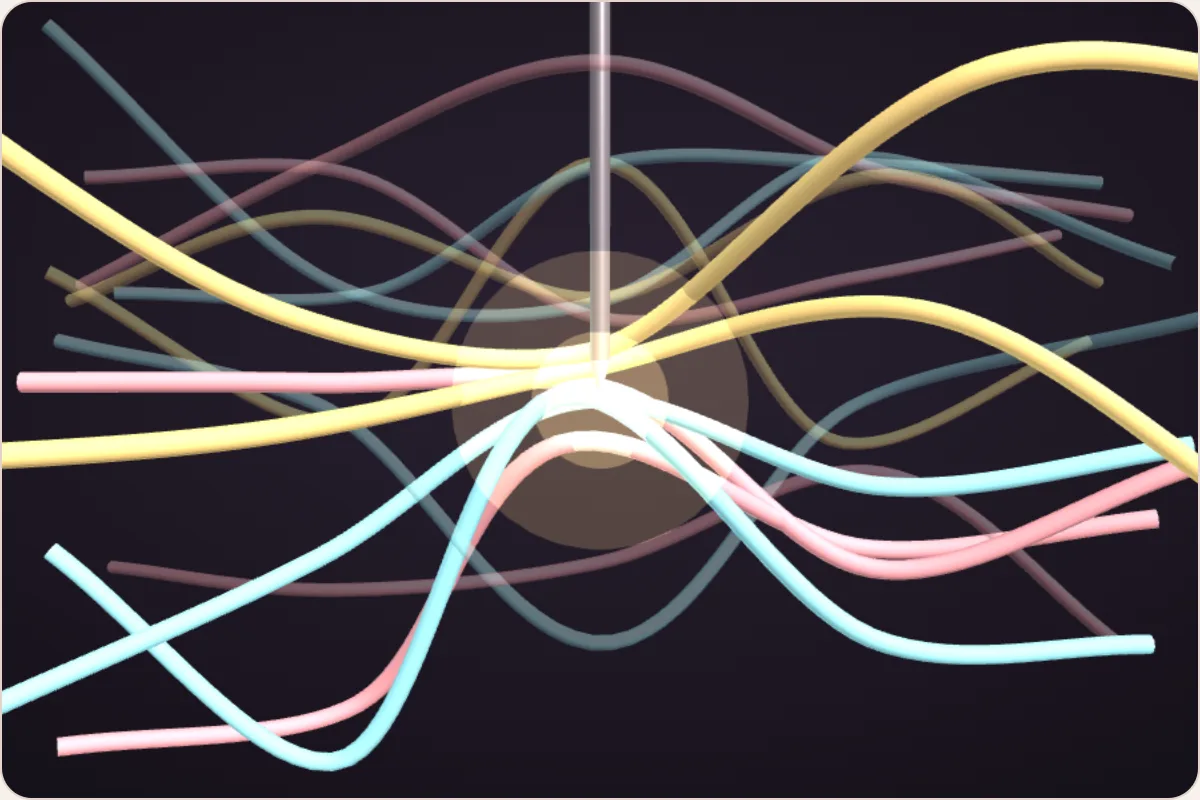 A 3D tangle of nerve-cell wires in three colours, packed together, with a metal electrode in the middle lighting up every wire near its tip